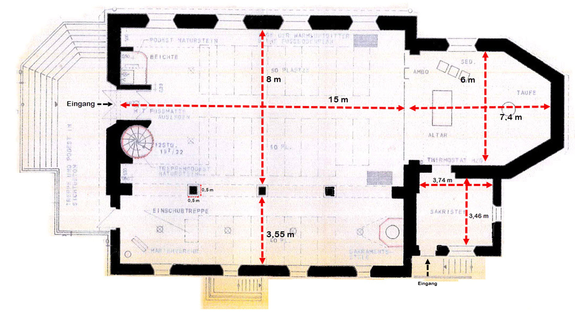 Morsbach-Ellingen: Stilvolle, kleine Bruchsteinkirche, Grundriss
